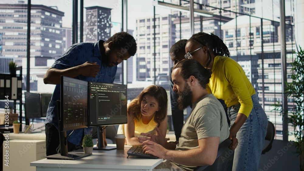 Poster programmers gathered together to conduct code review to fix errors, identifying technical issues wit