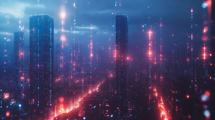 Smart digital Innovation city with connection network reciprocity over the cityscape. of future smart wireless digital city and social media networking systems that connects people with in city