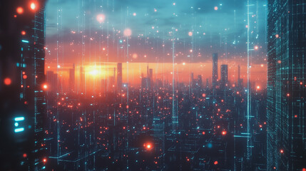 Fototapeta premium Smart digital Innovation city with connection network reciprocity over the cityscape. of future smart wireless digital city and social media networking systems that connects people with in city