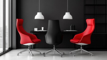 Modern office interior with red and black chairs, desk, and pendant lights.