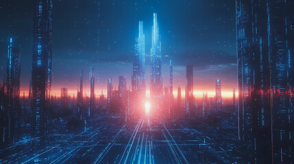 Naklejka premium Smart digital Innovation city with connection network reciprocity over the cityscape. of future smart wireless digital city and social media networking systems that connects people with in city