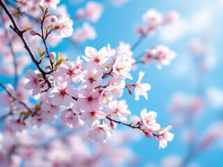 Cherry blossoms blooming against blue sky.