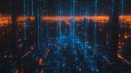 Naklejka premium Smart digital Innovation city with connection network reciprocity over the cityscape. of future smart wireless digital city and social media networking systems that connects people with in city