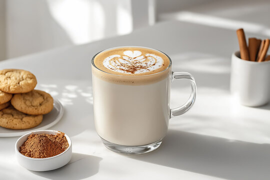 Glass mug of creamy chaga mushroom coffee with latte art, accompanied by cookies, cinnamon sticks, and powdered chaga on a white table