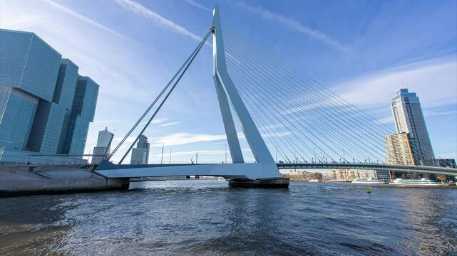 Timelapse video of The Erasmus Bridge and the skyline of Rotterdam, Netherlands. December 1, 2024.