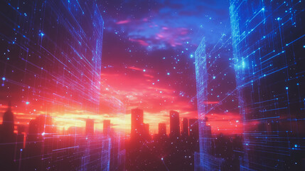Obraz premium Smart digital Innovation city with connection network reciprocity over the cityscape. of future smart wireless digital city and social media networking systems that connects people with in city