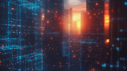 Obraz premium Smart digital Innovation city with connection network reciprocity over the cityscape. of future smart wireless digital city and social media networking systems that connects people with in city