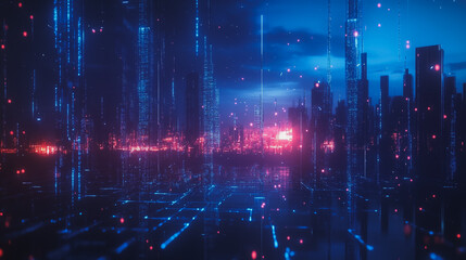 Obraz premium Smart digital Innovation city with connection network reciprocity over the cityscape. of future smart wireless digital city and social media networking systems that connects people with in city