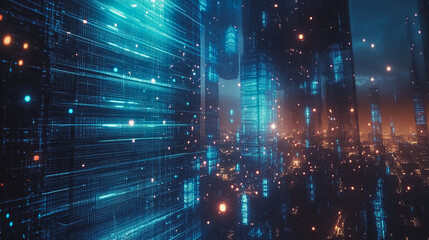 Obraz premium Smart digital Innovation city with connection network reciprocity over the cityscape. of future smart wireless digital city and social media networking systems that connects people with in city