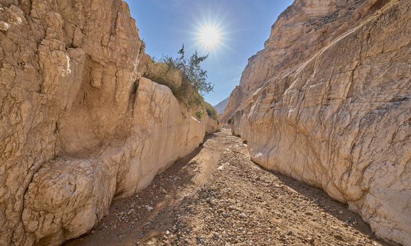 Dry riverbed of the wadi Upper Darga in the nature reserve Matzok HaEtekim, Judaean Desert. Narrow canyon with white walls. Rays radiating from the sun.