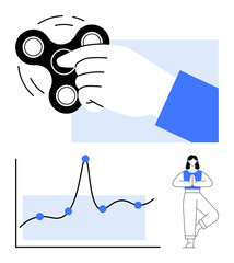 Fidget spinner spinning in hand line graph with data points, person practicing yoga. Ideal for stress relief, focus, balance, concentration, relaxation, mindfulness. Line metaphor