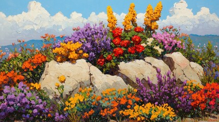 Obraz premium Vibrant Impressionist Landscape of a Flower Garden with Colorful Blossoms, Majestic Rocks, and a Clear Blue Sky in a Serene Springtime Scene