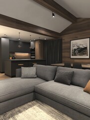 An interior design of a modern living room with grey corner sofa in a Scandinavian style home.