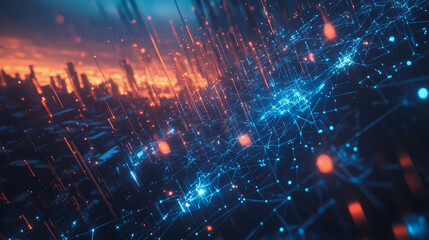 Obraz premium Smart digital Innovation city with connection network reciprocity over the cityscape. of future smart wireless digital city and social media networking systems that connects people with in city