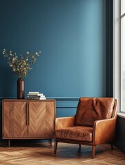 Modern mid century interior of living room ,leather armchair with wood cabinet on blue wall and wood floor ,3d render