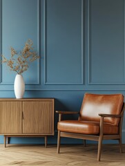 Modern mid century interior of living room ,leather armchair with wood cabinet on blue wall and wood floor ,3d render