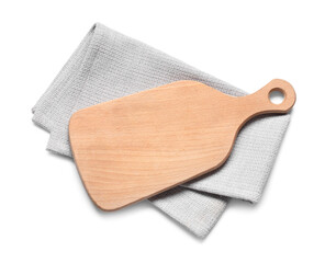 Wooden cutting board and grey napkin on white background