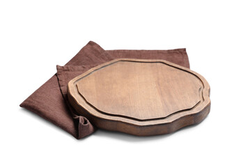 Wooden cutting board with brown napkin on white background