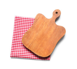 Wooden cutting board and red checkered napkin on white background