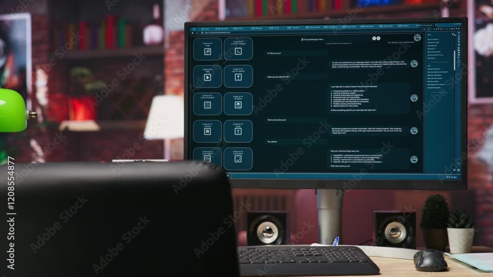 Poster computer setup in bright apartment showing large language model program. pc monitor in cozy home off