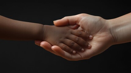 Hand of caucasian mom, foster single parent holding hand of cute adorable infant african american baby girl adopted daughter as love, child care, diversity, charity and Mothers day concept. Close up