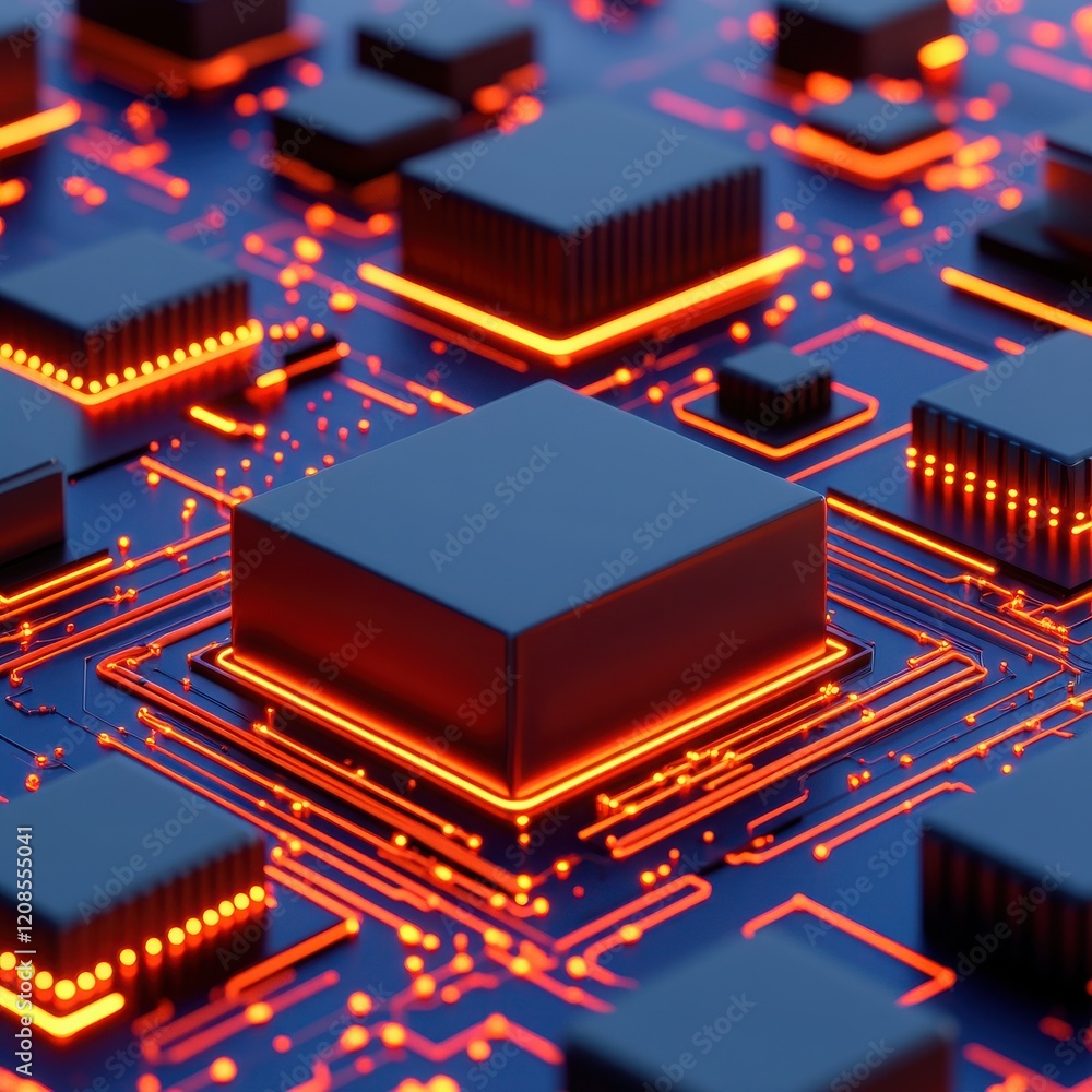 Poster a close-up view of a futuristic microchip with glowing circuits, representing advanced technology an