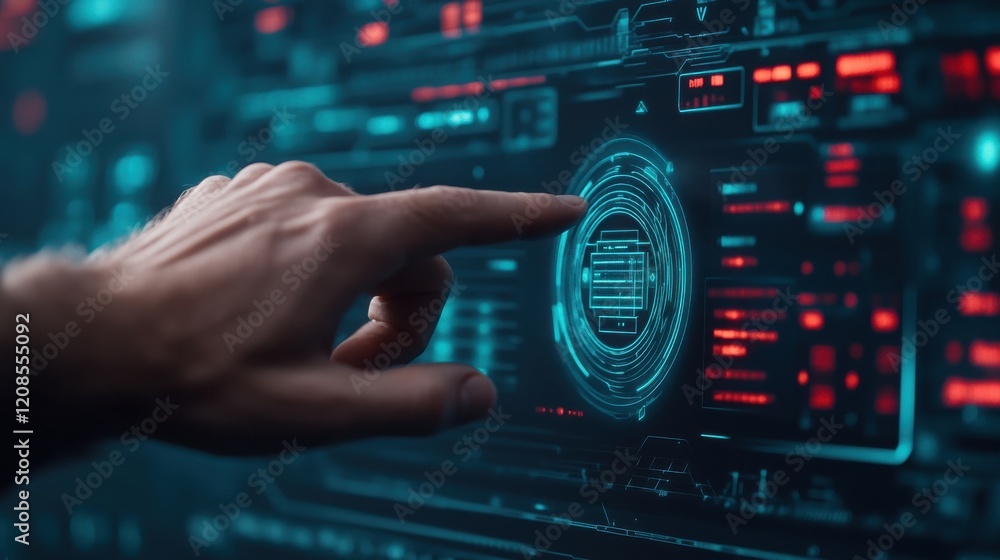 Poster a close-up view of a hand interacting with a futuristic digital interface showcasing advanced techno