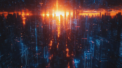 Fototapeta premium Smart digital Innovation city with connection network reciprocity over the cityscape. of future smart wireless digital city and social media networking systems that connects people with in city