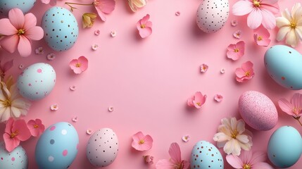 Easter celebration banner with colorful eggs and spring flowers on pink background