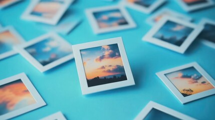 Fototapeta premium Polaroid photos of colorful sunsets on blue background