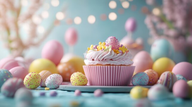 Colorful easter sweets and decorations with cupcake display for spring celebration