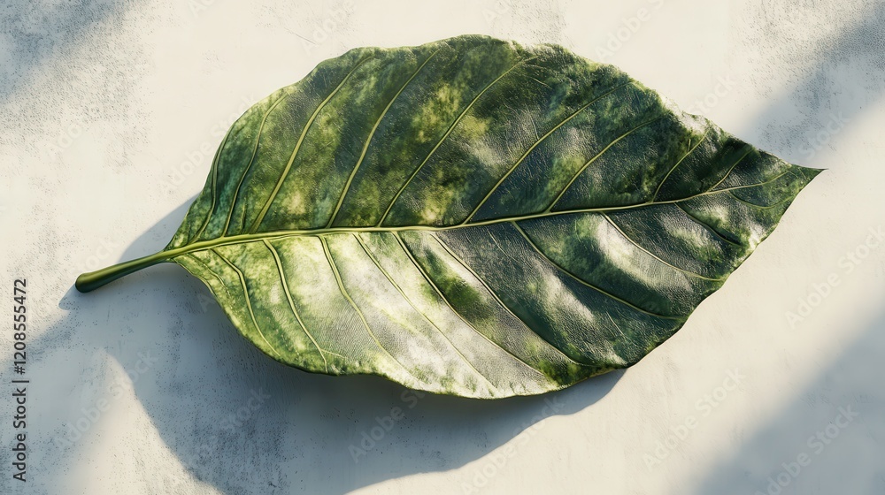 Aufkleber large green leaf on light surface with shadow patterns