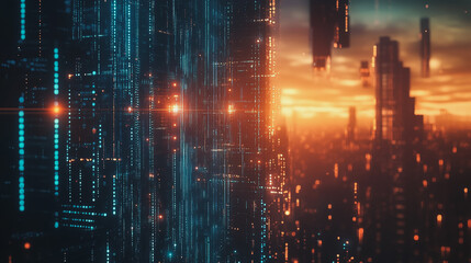 Obraz premium Smart digital Innovation city with connection network reciprocity over the cityscape. of future smart wireless digital city and social media networking systems that connects people with in city