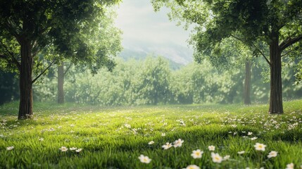 Lush green forest with sunlit grass and wildflowers