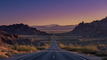 Naklejka premium A stunning desert highway stretches into the horizon at dusk, framed by rugged mountains, with vibrant hues of purple and orange illuminating the sky.