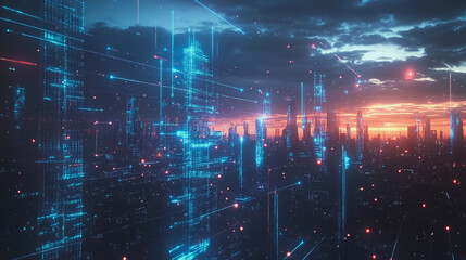 Obraz premium Smart digital Innovation city with connection network reciprocity over the cityscape. of future smart wireless digital city and social media networking systems that connects people with in city
