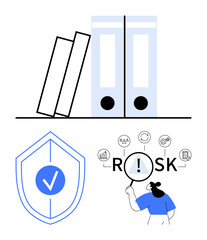 Files on shelf for organization, shield with checkmark for security, person evaluating risk with magnifying glass. Ideal for business safety, compliance, audit, strategy, protection, security