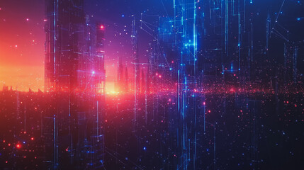 Fototapeta premium Smart digital Innovation city with connection network reciprocity over the cityscape. of future smart wireless digital city and social media networking systems that connects people with in city