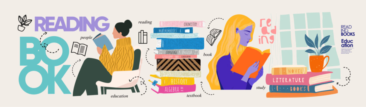 Reading books. Vector illustration. Colorful vector illustration on the theme of reading and education. People reading books and stack of textbooks are depicted.