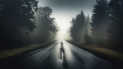 A tranquil road shrouded in mist, flanked by dark trees, creates a serene and mysterious atmosphere perfect for introspection.