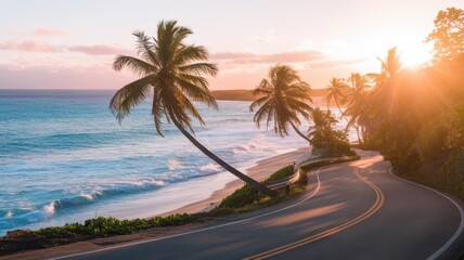 A serene tropical landscape featuring swaying palm trees and a winding coastal road at sunset.