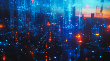 Obraz premium Smart digital Innovation city with connection network reciprocity over the cityscape. of future smart wireless digital city and social media networking systems that connects people with in city