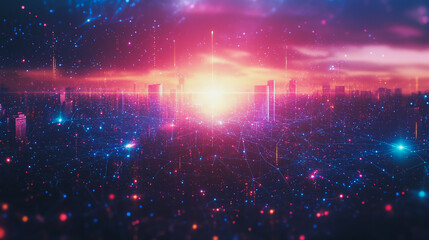 Obraz premium Smart digital Innovation city with connection network reciprocity over the cityscape. of future smart wireless digital city and social media networking systems that connects people with in city