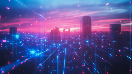 Obraz premium Smart digital Innovation city with connection network reciprocity over the cityscape. of future smart wireless digital city and social media networking systems that connects people with in city