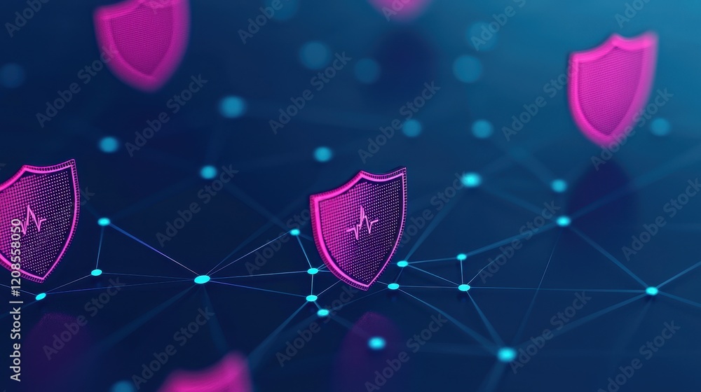 Poster digital shields on network background representing cybersecurity concept