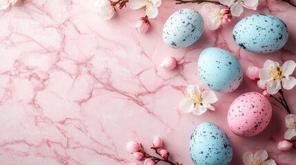 Obraz premium Elegant easter eggs and spring blossoms on marble background for holiday design