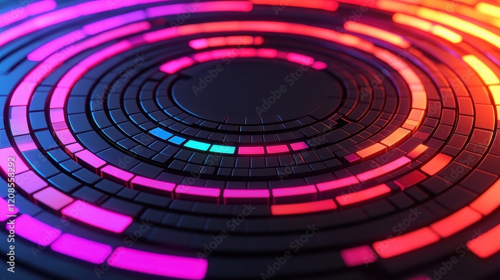 Poster abstract colorful circles with neon light effects on dark background