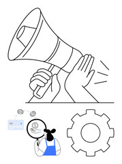 Hands holding megaphone amplifying voice, secure online payment with magnifying glass and mouse, person providing customer support, gear symbolizing settings. Ideal for communication, marketing
