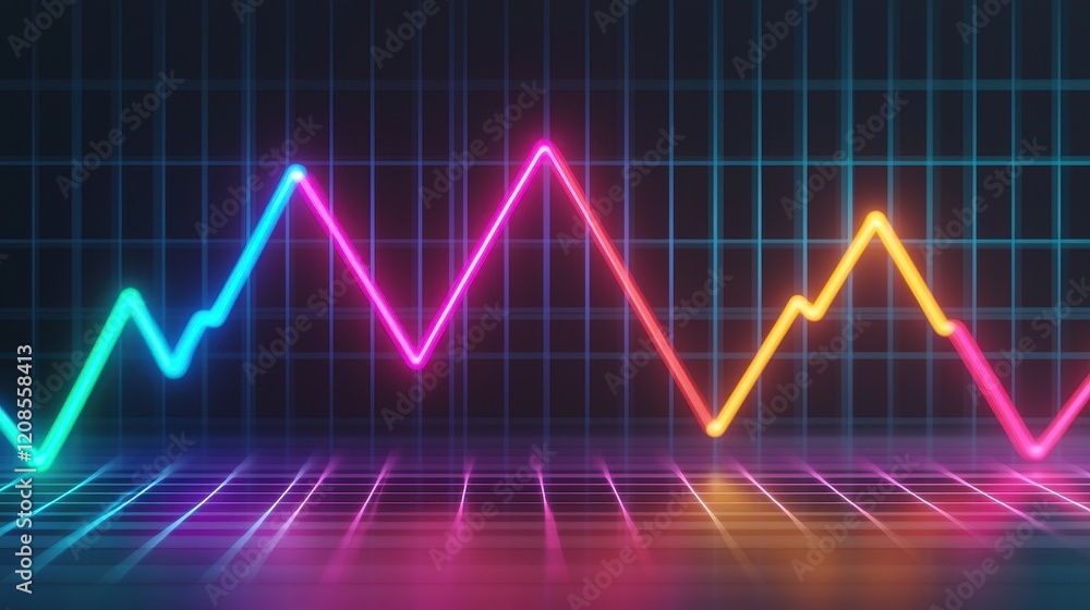 Poster colorful digital graph with neon lines on dark grid background
