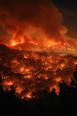 Nighttime wildfire engulfing hillside homes and city.